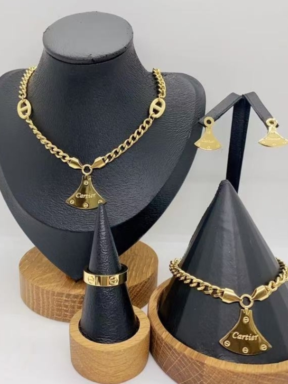 Cartier Gold Tone Pendant Necklace with Matching Bracelet and Earrings